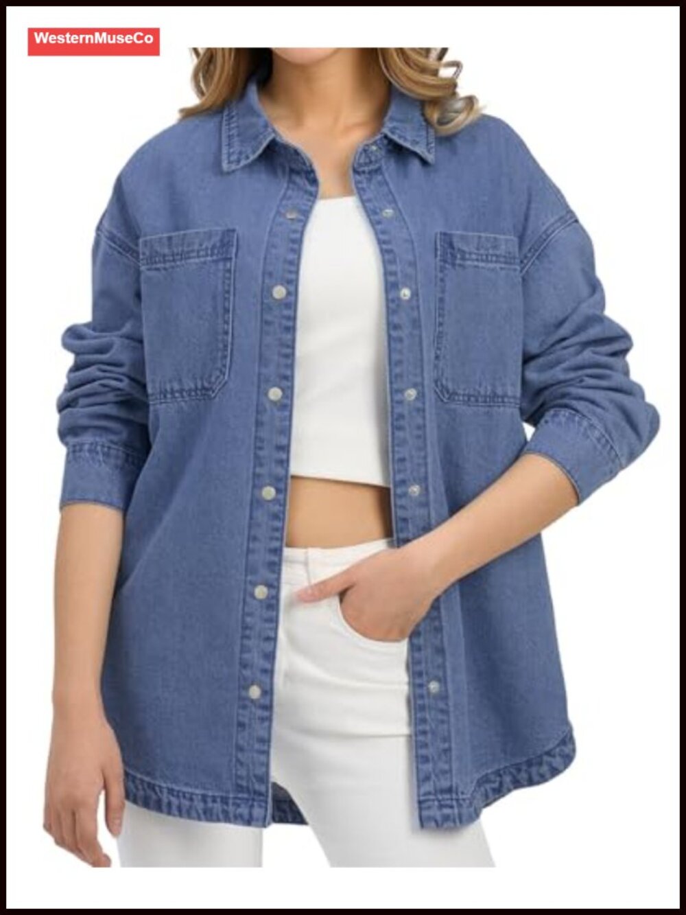 100% Cotton Oversized Denim Shirt Snap Button Chambray Shacket